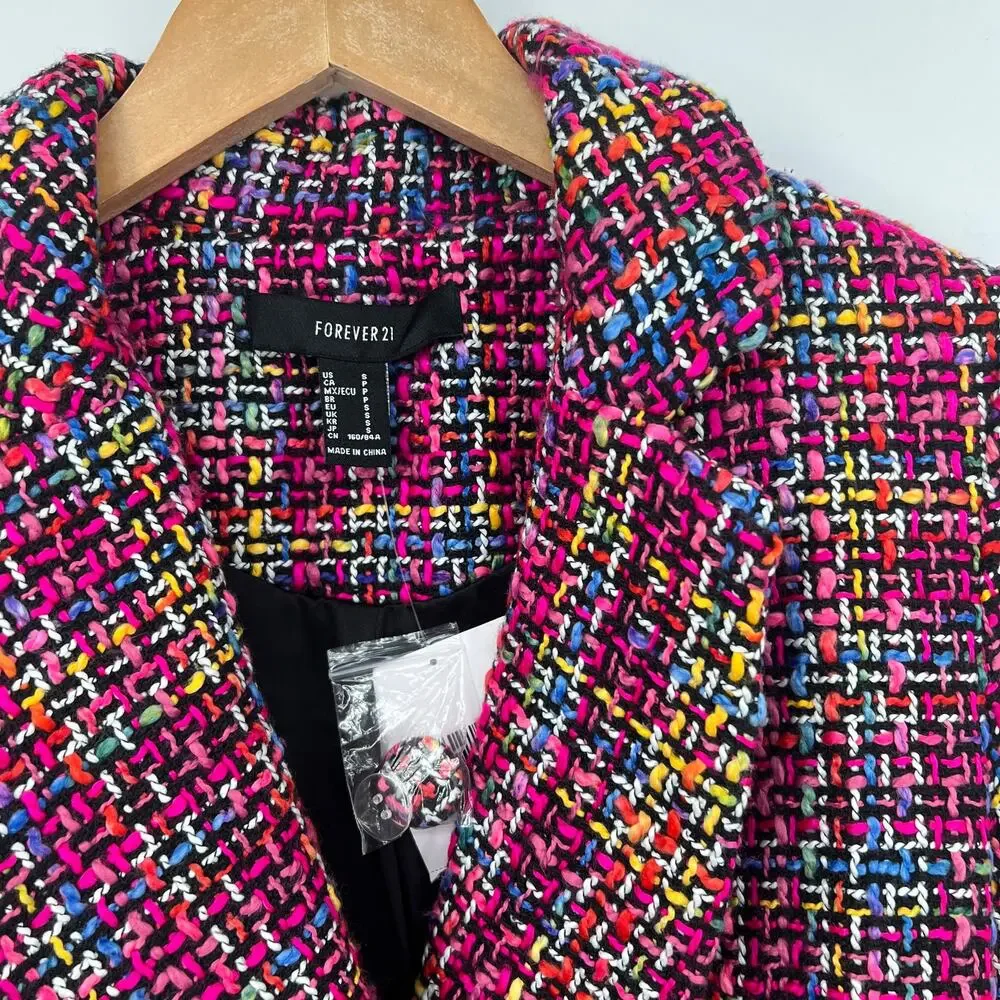 Pink Multicolor Belted Tweed Pea Coat Size Small NWT